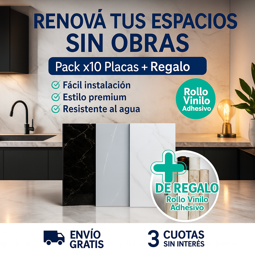 Pack x10 placas símil mármol autoadhesivas + rollo vinilo de regalo